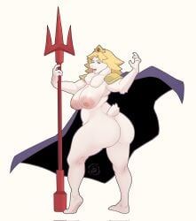 anthro asgore_dreemurr ass assmore_derear big_breasts big_butt blonde_hair boss_monster_(undertale) bovid breasts cape caprine clothing crown cumbread female floppy_ears fur gesture goat hair headgear hi_res huge_breasts looking_at_viewer mammal mature_female melee_weapon mother_(lore) mtf_crossgender nude parent_(lore) polearm queen royalty rule_63 slightly_chubby solo tail thick_thighs trident turning_around undertale undertale_(series) weapon white_body white_fur wide_hips