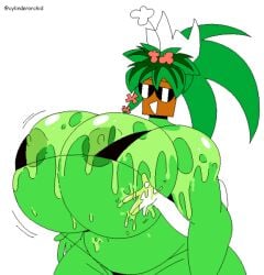1girls areolae artist_name big_breasts bikini bikini_top blaster_master blaster_master_zero_2 breasts cylinderorchid female grabbing green_skin groping huge_breasts kanna_(blaster_master) large_breasts massive_breasts motion_lines nipple_slip oiled oiled_skin plant_girl shades white_background