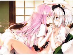 2girls absurdres animal_ears ass bloomers bloomers_(victorian) bloomers_around_one_leg blue_eyes blush bottomless breasts bunny_ears bunny_tail dress_shirt face-to-face female fusuma hair_ribbon hairband hand_holding highres interlocked_fingers ke-ta large_breasts long_hair looking_at_another multiple_girls naked_shirt nipples no_bra open_clothes open_skirt pillow pink_hair puffy_sleeves purple_hair red_eyes reisen_udongein_inaba ribbon scan shirt short_hair silver_hair skirt sliding_doors small_breasts tail tongue tongue_out touhou underwear white_hair white_shirt youmu_konpaku yuri