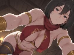 2025 abs ai_assisted ai_generated anime anime_girl anime_style armlet artist_name attack_on_titan bangs bare_shoulders black_eyes black_hair black_thighhighs blush breasts covered_nipples female hair_between_eyes hi_res high_quality high_res high_resolution highres indoors large_breasts loincloth looking_at_viewer mikasa_ackerman navel navel_piercing parted_lips patreon patreon_username pelvic_curtain piercing red_scarf revealing_clothes rinkoai scarf shingeki_no_kyojin short_hair solo sweat thighhighs uncensored watermark