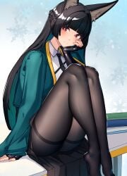 absurdres animal_ear_fluff animal_ears black_gloves black_hair black_necktie black_pantyhose blunt_bangs blush closed_mouth desk dress_shirt female fingerless_gloves fox_ears fox_girl gloves green_jacket highres hoshimi_miyabi jacket long_hair looking_at_viewer necktie nicchi no_shoes on_desk pantyhose red_eyes shirt sitting solo thighs white_shirt zenless_zone_zero