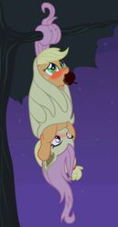 2015 animated apple applejack_(mlp) badumsquish bat_pony blonde_hair blush bound duo earth_pony equine female feral flutterbat_(mlp) fluttershy_(mlp) friendship_is_magic fruit green_eyes hair horse mammal my_little_pony night outside pony red_eyes saliva suspension tree upside-down wings yuri