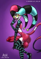 ass balls big_balls big_penis bodypaint clothing cybernetic_arm cybernetic_leg cybernetic_limb demon demon_humanoid erection face_paint femboy fizzarolli_(helluva_boss) fool's_hat genitals ghastlygh half-closed_eyes hat hat_only headgear headgear_only headwear headwear_only helluva_boss hi_res huge_balls huge_cock humanoid humanoid_genitalia humanoid_penis male male_only mostly_nude multicolored_body multicolored_skin narrowed_eyes open_mouth open_smile penis purple_background red_body red_skin sharp_teeth simple_background smile solo spade_tail tail teeth two_tone_body two_tone_skin white_body white_skin yellow_sclera