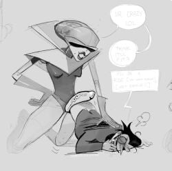 1girl1boy bedsidewater_(artist) before_sex blush deltarune deltarune_chapter_2 dominant_female lipstick queen_(deltarune) size_difference spamton_g_spamton strap-on