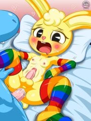 absurd_res anal anal_sex anthro armwear balls bed bed_sheet bedding black_eyes blue_body blue_fur bodily_fluids buckteeth clothing cub cuddles_(htf) cum cum_in_ass cum_inside cum_on_face cumshot deer duo ejaculation fur furniture genital_fluids genitals happy_tree_friends heart_symbol hearts_around_head hi_res lagomorph leg_grab legwear leporid lgbt_pride long_ears looking_at_viewer lumpy_(htf) male male/male male_penetrated male_penetrating male_penetrating_male mammal moose multicolored_clothing multicolored_legwear new_world_deer nipples on_bed one_leg_up open_mouth penetration penis pink_nose pink_penis rabbit rabbit_ears rainbow_clothing rainbow_legwear raised_leg scut_tail sex short_tail sirjzau size_difference tail teeth yellow_body yellow_fur