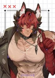 abs animal_humanoid anthro blush canid canid_humanoid canine canine_humanoid choker clothing dog_humanoid gay hair hi_res humanoid jewelry komano_manato male mammal mammal_humanoid mihoyo minos_06 muscular muscular_male necklace pecs red_hair shirt solo tan_body tan_skin tank_top topwear zenless_zone_zero