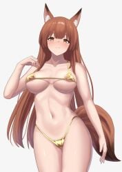 1girls animal_ears areola_slip arknights bakkasu150 bikini female female_only fox_ears fox_girl fox_tail franka_(arknights) gold_bikini tail