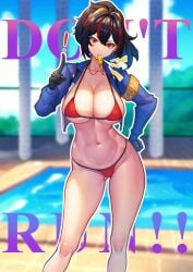 ! abs absurdres bikini black_gloves black_hair blue_jacket blurry blurry_background contrapposto english_text feet_out_of_frame female gloves highres jacket looking_at_viewer multicolored_hair nicchi outline pointing pointing_up ponytail poolside red_bikini red_eyes red_hair sidelocks solo streaked_hair swimsuit whistle whistle_around_neck whistling white_outline zenless_zone_zero zhu_yuan