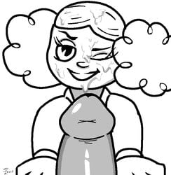 alternate_breast_size clothed cum ejaculation facial female laudegrance looking_at_viewer male male_focus monochrome pac-man_eyes penis pov pov_crotch powerpuff_girls princess_morbucks smile straight tied_hair twintails unseen_male_face