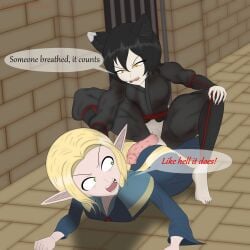 1futa 1girls anger angry angry_face animal_genitalia animal_penis big_ass big_balls big_penis black_hair blonde_female blonde_hair cat_ears cat_girl cat_penis cat_tail catgirl clawed_fingers claws delicious_in_dungeon dungeon dungeon_meshi elf elf_ears elf_female elf_girl erect_penis erection fair_skin fangs female fur futa_on_female futanari green_eyes huge_cock intersex izutsumi_(delicious_in_dungeon) kawaiiredpandas mage marcille_donato medium_breasts ninja on_stomach on_top penis_awe penis_on_butt penis_out robe robes shocked stone_floor stone_wall text thick_thighs yellow_eyes