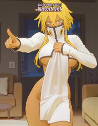 1futa 2025 ai_generated artist_name average_breasts bleach blonde_hair blue_eyes breasts bust chest covered_mouth dark-skinned_female dark_skin futanari hi_res high_quality high_resolution highres long_hair looking_at_viewer mask medium_breasts normal_breasts novalust patreon patreon_username pointing pointing_at_viewer solo stable_diffusion tia_harribel underboob watermark