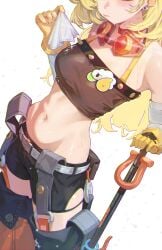 1girls absurdres black_shorts blonde_hair blush breasts chromatic_aberration closed_mouth clothed cowboy_shot earrings female gloves highres jaihu jewelry long_hair medium_breasts navel piper_wheel shorts simple_background solo standing sweatdrop white_background yellow_gloves zenless_zone_zero