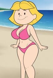 age_difference aged_up ai_generated beach big_breasts bikini bikini_bottom bikini_top civitai clifford_the_big_red_dog emily_elizabeth sea seaside wide_hips