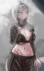 1girls big_breasts blue_eyes bra breasts cleavage clothing eyebrows_visible_through_hair faust_(limbus_company) female female_only large_breasts lifting_own_clothes light-skinned_female light_skin limbus_company navel no_panties project_moon shiny_skin shirt_lift short_hair solo sweat sweatdrop white_hair