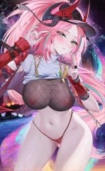 alternate_breast_size baseball_cap black_hat blush breasts cameltoe cleft_of_venus closed_eyes clothes_lift cowboy_shot embarrassed english_commentary female fishnets hands_up hat hat_horns highres honkai:_star_rail honkai_(series) horns kuji-in large_breasts lichiko long_hair multicolored_hair navel nipples open_mouth outdoors panties pink_hair pussy rappa_(honkai:_star_rail) red_horns red_panties revision see-through shirt shirt_lift solo stomach streaked_hair string_panties underwear very_long_hair wet white_shirt