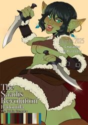 1girls back_view black_hair dagger diplomacyraptor dnd dungeons_and_dragons female goblin goblin_female green_eyes green_skin looking_at_viewer looking_back lujordis nipple_bulge nipples_visible_through_clothing pathfinder pathfinder_(oc) pinup pinup_pose pointy_ears radomilla_(kurosaru) saadis_revolution short_hair short_shorts shortstack small_breasts solo_female solo_focus tagme wide_hips