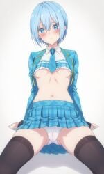 2.5_jigen_no_ririsa ai_generated artglass ass blue_eyes blue_hair blush breasts embarrassed hair_between_eyes hand_on_floor necktie nonoa_(2.5_jigen_no_ririsa) panties short_hair sitting skirt skirt_lift small_ass small_breasts spread_legs thighhighs thighs white_panties