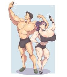 areola_slip breasts bulge crop_top earrings facial_hair flexing huge_breasts jonpadraws muscular pink_nipples pink_stripes ponytail purple_hair selfie shoes shorts smartphone sweaty sweaty_breasts wristband