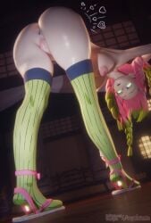2025 3d 3d_(artwork) aequd aequdsama anus armpits ass bending_over bent_over breasts demon_slayer female female_only glowing_eyes green_eyes large_areolae light_skin long_nails mitsuri_kanroji nude nude_female pink_and_green_hair pink_hair pussy red_nails solo_female stockings stockings_only twintails twintails_(hairstyle)