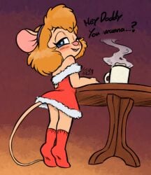 1girls 2023 anthro ass blue_eyes blush chip_'n_dale_rescue_rangers christmas clothing disney dress female footwear gadget_hackwrench holidays implied_incest looking_back mammal mouse murid murine presenting presenting_hindquarters rodent smile socks solo soulcentinel text young young_anthro