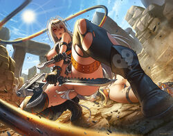 2girls alice_(queen's_gate) artist_name ass belt boots cleavage defeated dual_wielding female grey_hair gun knife long_hair open_mouth outdoor panties queen's_blade queen's_gate red_eyes sefuart squatting sun thigh_strap thighhighs torn_clothes torn_panties weapon whip