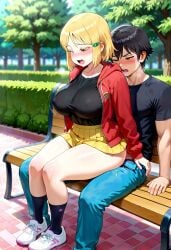 ai_generated big_ass big_breasts blonde_female blonde_hair blonde_hair blonde_hair_female hidaka_koharu high_score_girl huge_ass huge_breasts outdoor_sex outdoors reverse_cowgirl_position sex sitting sitting_on_lap thick thick_legs thick_thighs thighs