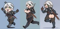 ai_generated anus armored_female ass back_view braid breasts cd_projekt_red ciri female freckles green_eyes happy light-skinned_female light_skin looking_at_viewer mascara middle_finger miniature nipples provocative pussy scar solo solo_female sword the_witcher_(series) the_witcher_4 tongue tongue_out white_hair wink