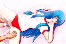 1girls alternate_costume blue_hair blush buruma closed_eyes clothed_masturbation clothing disembodied_limb ejaculation_under_clothes female female_ejaculation female_orgasm femcum_under_clothes groping gym_uniform hitachi_magic_wand long_hair masturbation masturbation_through_clothing mofupaka orgasm pussy_juice solo_focus spread_legs tenshi_hinanawi thigh_grab touhou very_long_hair vibrator