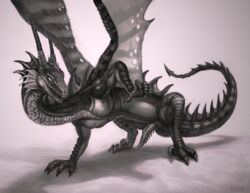 2015 azi_dahaka big_penis claws dragon erection feral horn klongi long_penis male male_only monochrome nude penis plain_background pose scales scalie sheath solo video_games western_dragon wings