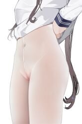 absurdres amiya_(arknights) arknights brown_hair chinese_commentary commentary covered_navel dressing female highres long_hair long_sleeves lower_body pantyhose pussy see-through_clothes shenmi_de_xigua shirt simple_background solo standing very_long_hair white_background white_pantyhose white_shirt
