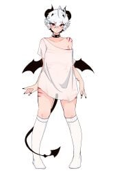 2025 black_hair black_nail_polish black_nails blaire_rune blairevt breasts demon_horns demon_tail demon_wings horns indie_virtual_youtuber kneehighs looking_at_viewer nonbinary off_shoulder oversized_clothes pout red_eyes red_stripes see-through see-through_clothing short_hair spiked_collar striped_body tail transparent_clothing virtual_youtuber vtuber white_hair white_shirt