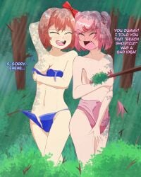 accident accidental_exposure arm_behind_head artlabafterdark blush bushes censored convenient_censoring convenient_censorship coral_pink_hair covering covering_breasts covering_crotch cute cute_fang dialogue doki_doki_literature_club embarrassed embarrassed_naked_female embarrassed_nude_female enf english english_dialogue english_text female naked natsuki_(doki_doki_literature_club) nude outdoors outside pink_hair public public_nudity red_bow ripped_clothing ripped_swimsuit sayori_(doki_doki_literature_club) swimsuit text torn_clothes torn_clothing torn_swimsuit tree trees