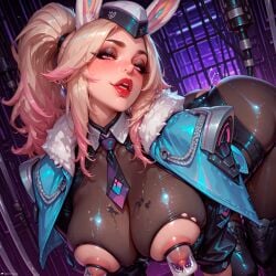 admiral_battle_bunny_miss_fortune ai_generated bangs battle_bunny_miss_fortune blonde_hair blush bunny_ears cleavage exposed_breasts hat large_breasts league_of_legends light_skin long_hair looking_at_viewer makeup milking milking_machine miss_fortune naughty_face patreon patreon_username perfect_body pink_eyes ponytail riot_games seductive solo solo_female solo_focus squatting stable_diffusion stblfantasy thick_lips torn_clothes v_sign