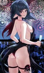 alternate_costume animal_ears ass bare_arms bare_shoulders black_dress black_hair blunt_bangs blush clothed commentary cup dress english_commentary female fireworks from_side highres holding holding_cup jane_doe_(zenless_zone_zero) jewelry long_hair looking_at_viewer mouse_ears mouse_girl necklace night outdoors panties red_hair red_panties smile solo thighs uenoryoma underwear yuri zenless_zone_zero