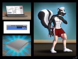 anthro bulge clothing computer hand_on_penis hyper hyper_penis laptop male mammal masturbation nisharu penis shorts skunk socks surprised transformation