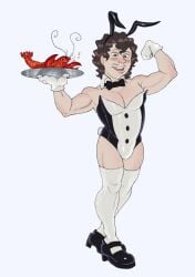 big_pecs black_loafers black_shoes blue_background blue_eyes brown_hair buck_teeth buff buff_male bunny_ears bunny_tail bunnysuit dark_hair digital_drawing_(artwork) digital_media_(artwork) down_syndrome down_syndrome_man dumb dumb_male facial_hair flexing flexing_bicep flexing_muscles food gloved_hands gloves idiot intellectual_disability loafers lobster male male_only mental_disability milan_morgenstern mr_shrink muscular muscular_arms muscular_legs muscular_male muscular_thighs original original_character pecs serving serving_food serving_platter serving_tray shiny_shoes short_male slanted_eyes small_male smaller_male solo solo_male stupid stupid_looking white_gloves white_kneehighs white_male white_socks