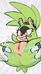 afrosoricid anthro anus black_body black_clothing black_fur black_nose black_topwear blue_eyes bottomless clothed clothing countershade_face countershading ear_piercing electricity eyelashes facial_markings female fur genitals gloves green_body green_fur grey_background hair handwear head_markings hi_res idw_publishing mammal markings naughty_face piercing plump_labia ring ruka481_(artist) sega sharp_teeth simple_background smile solo sonic_(series) sonic_the_hedgehog_(comics) sonic_the_hedgehog_(idw) sonic_the_hedgehog_(series) spread_legs spreading surge_the_tenrec tan_body tan_fur teeth tenrec tied_hair topwear vulva white_clothing white_gloves white_handwear