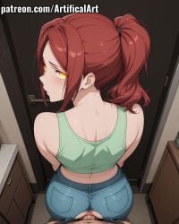 1boy 1girls ai_generated artifical_art ass big_breasts blue_pants blush enen_no_shouboutai fire_force jeans light-skinned_female light_skin lisa_isaribi long_hair orange_eyes penis penis_in_pussy perfect_body ponytail red_hair sex tied_hair torn_pants vaginal_penetration vaginal_sex voluptuous_female