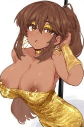 1girls ai ai_generated anime_style breasts brown_hair dark-skinned_female dark_skin dress earrings female female_focus female_only golden_dress golden_earrings golden_eyes golden_eyeshadows golden_neckband golden_piercings grand_theft_auto grand_theft_auto_vi hand_on_hair long_hair looking_at_viewer lucia_caminos neckband nipple_piercings nipples open_mouth pierced_nipples pole ponytail quinzo11 rockstar_games self_upload simple_background upper_teeth white_background