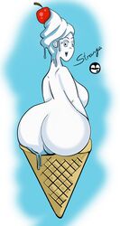 big_ass big_breasts blue_eyes cherry female female_only food food_creature huge_ass ice_cream long_ass looking_back melting_ice_cream original_character presenting_hindquarters rear_view short_hair simple_background smile stranga what white_hair white_skin