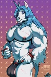 abs anthro ass balls_outline biceps big_pec blue_hair bottomwear bulge clothing detailed_bulge equid equine fur genital_outline hair hi_res horn loincloth looking_at_viewer male mammal mariart muscular muscular_anthro muscular_male mythological_creature mythological_equine mythology nipple_piercing nipple_ring nipples penis_outline piercing ring_piercing scar solo tail unicorn white_body white_fur