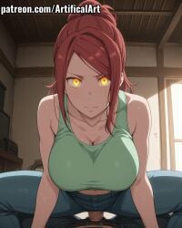 1boy 1girls ai_generated artifical_art big_breasts blue_pants blush clitoris cowgirl_position enen_no_shouboutai fire_force jeans light-skinned_female light_skin lisa_isaribi long_hair orange_eyes penis penis_in_pussy perfect_body ponytail pussy pussy_juice red_hair riding riding_penis sex spread_legs tied_hair torn_pants vaginal_penetration vaginal_sex voluptuous_female