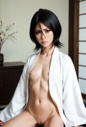ai_generated areolae_peeking dark_hair hip_dips kuchiki_rukia nipples open_robe petite pussy realistic robe small_breasts