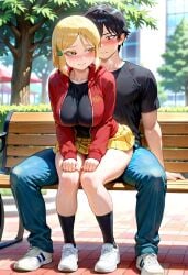 ai_generated big_ass big_breasts blonde_female blonde_hair blonde_hair blonde_hair_female hidaka_koharu high_score_girl huge_ass huge_breasts outdoor_sex outdoors reverse_cowgirl_position sex sitting sitting_on_lap thick thick_legs thick_thighs thighs