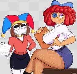 big_breasts curvy_figure glitch_productions job job_application job_interview office office_clothing office_lady pomni_(the_amazing_digital_circus) ragatha_(the_amazing_digital_circus) ragdoll secretary sexy sexy_secretary sketchfins table the_amazing_digital_circus thick thick_thighs yuri