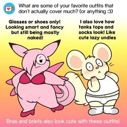 :3 anthro black_text blush bottomless bottomless_anthro bottomless_female bra briefs clair_the_clefable clefable clothed clothing cricetid embarrassed eyewear female footwear fur generation_1_pokemon glasses gradient_background hair hamster hi_res high_heels male mammal navel nintendo nishi_oxnard orange_background oxynard pantsless_anthro pantsless_male pink_background pink_body pink_bra pink_clothing pink_footwear pink_fur pink_hair pink_high_heels pink_shoes pink_underwear pokemon pokemon_(species) question rodent shirt shoes simple_background socks tan_body tan_fur tank_top text tighty_whities topwear underwear vulva whiskers white_background white_briefs white_clothing white_footwear white_shirt white_socks white_tank_top white_text white_topwear white_underwear yellow_background