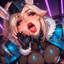 admiral_battle_bunny_miss_fortune ai_generated bangs battle_bunny_miss_fortune blonde_hair blush bunny_ears cleavage fellatio_gesture hat large_breasts league_of_legends light_skin long_hair looking_at_viewer makeup miss_fortune naughty_face patreon patreon_username perfect_body pink_eyes ponytail riot_games seductive solo solo_female solo_focus stable_diffusion stblfantasy thick_lips