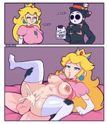 1boy 1girls anti_groove balls bed big_breasts blush breasts comic crown cum cum_in_pussy cum_inside cum_overflow dialogue dress earrings female gloves half-closed_eyes holding kiskjeez leaking_cum legs_apart legwear male. mario_bros mask nintendo nipples oc_x_canon open_mouth partially_clothed princess princess_peach pussy royalty sex shy_guy super_mario_bros. top_hat vagina vaginal_penetration vaginal_sex