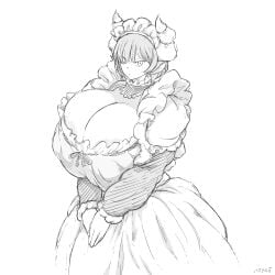 1futa 2d 2d_(artwork) big_breasts breasts clothed clothed_futa futa_focus futa_only futanari hataraki_ari horns huge_breasts intersex large_boobs large_breasts light-skinned_female light_skin maid maid_apron maid_headdress maid_outfit maid_uniform massive_breasts neutral_expression nipple_bulge nipple_slip prepared resting_bitch_face shimomo sketch solo solo_focus solo_futa standing voluptuous