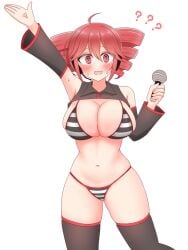 1girls 2d 2d_(artwork) ? @_@ ahoge arm_up big_breasts bikini blush blush breasts chiaki_himanagi cleavage curvy curvy_female curvy_figure detached_sleeves female female_only huge_breasts kasane_teto large_breasts micro_bikini microphone navel nervous nervous_smile posing red_eyes red_hair simple_background skindentation slim_waist smile solo solo_female striped_bikini sweat sweating thick_thighs thighhighs thighs twin_drills utau white_background wide_hips